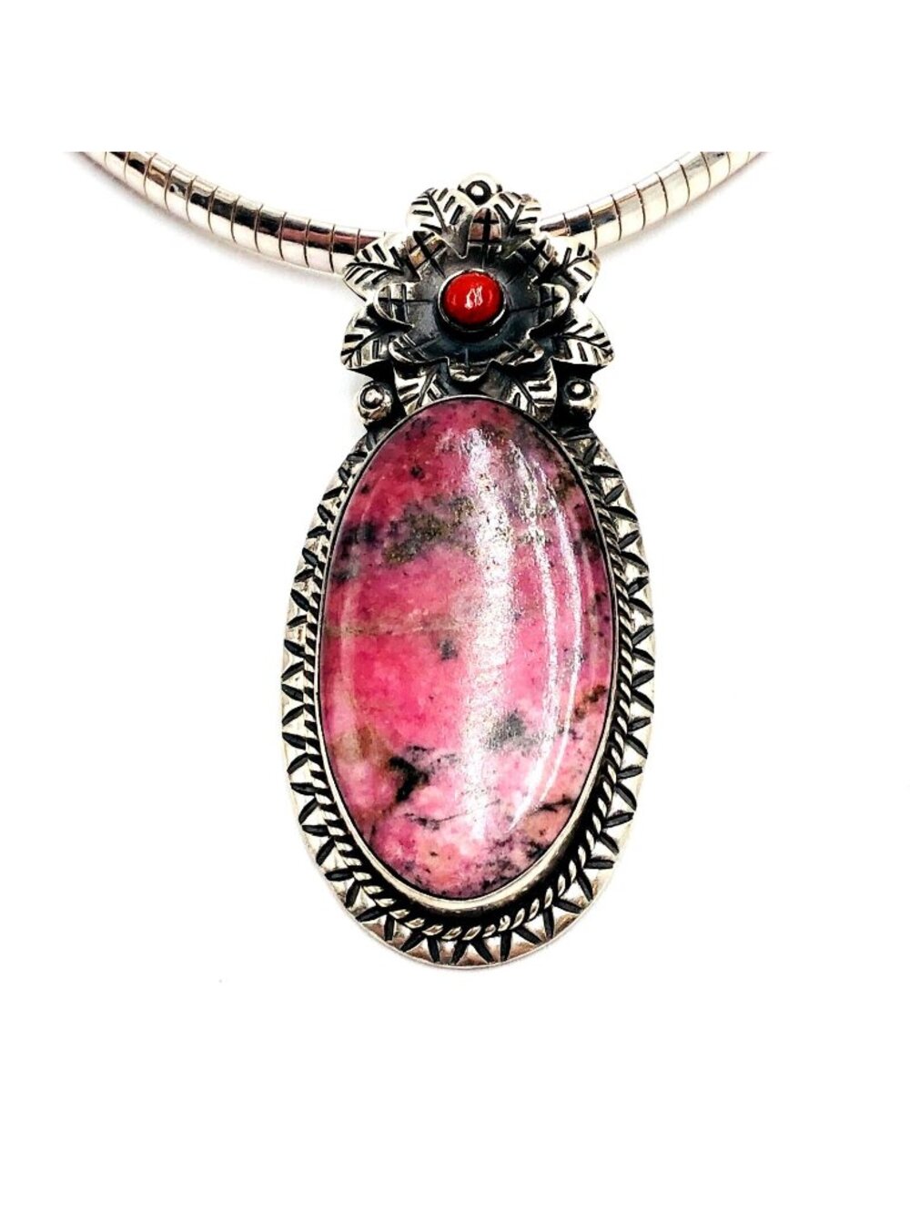 Southwest Necklace Sterling Silver Rhodonite Pendant 16 Inch 60 Gram